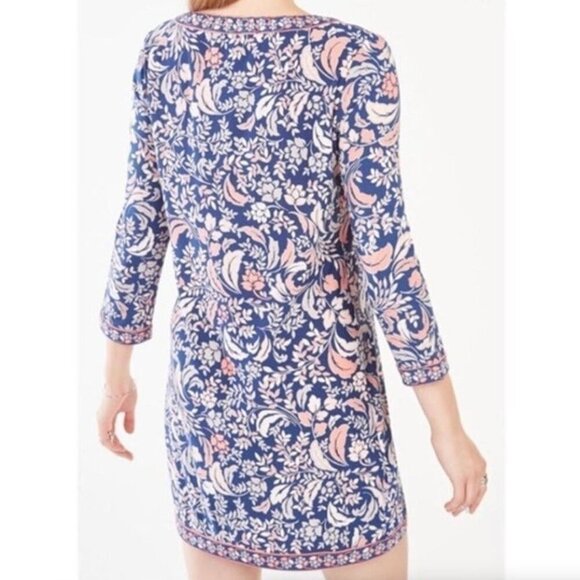 BCBGMAXAZRIA Calico Dress Navy Blue Pink Floral 3/4 Sleeve Cutout Mini Shift XS - Picture 3 of 11